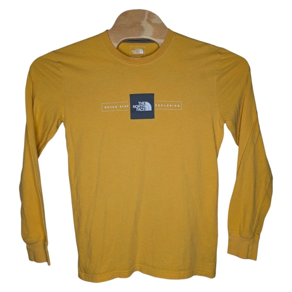 The North Face‎ Long Sleeve T Shirt Adult Small Yellow Never Stop Exploring Logo